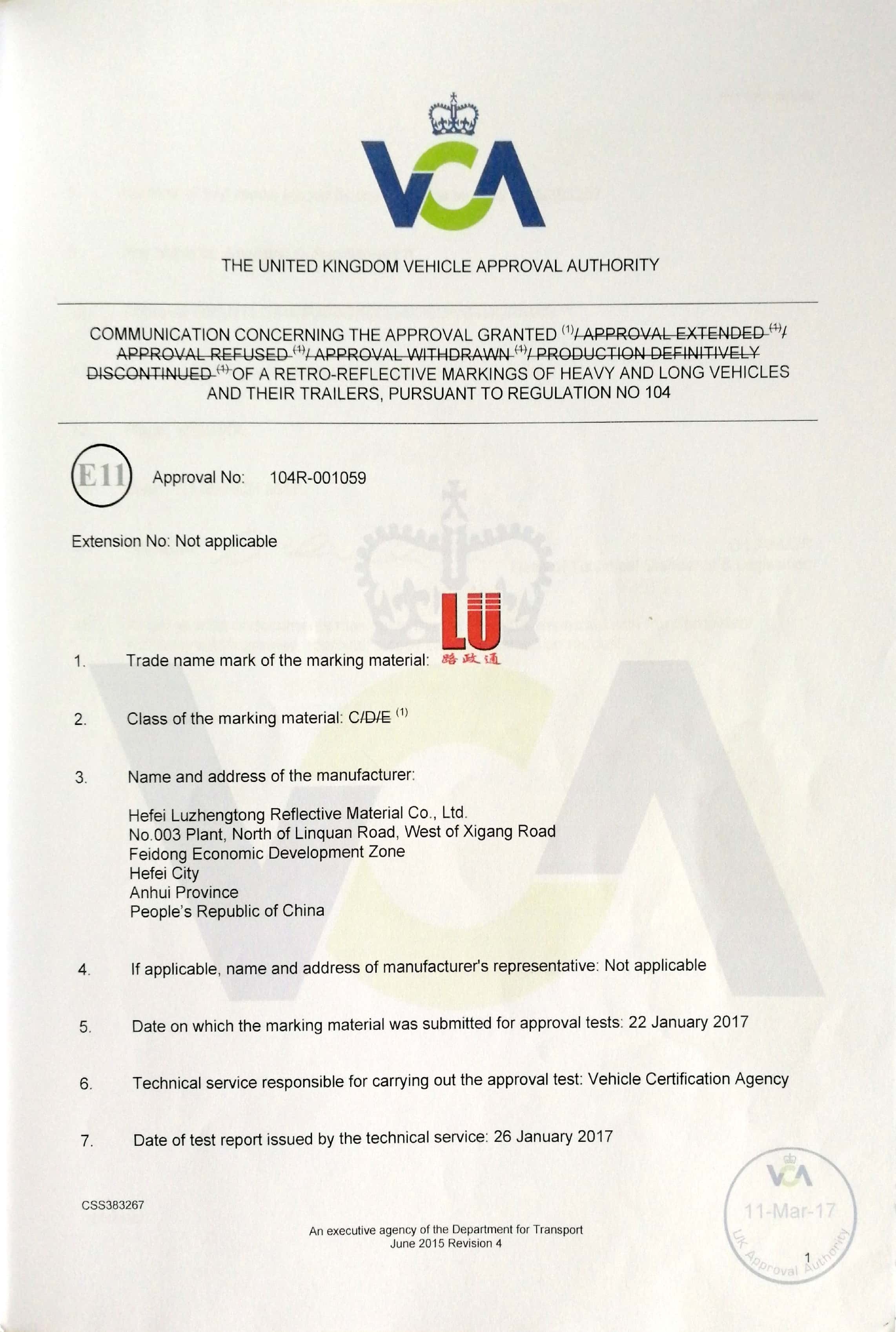 Cina Hefei Lu Zheng Tong Reflective Material Co., Ltd. Certificazioni